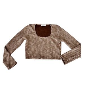 Skönhet Tan and‎ White Heathered Knit Ribbed Crop Fit Sweater